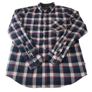 Recycled Blues Shirt Men Small Button Up Collared Plaid Blue Red Long Sleeve Top